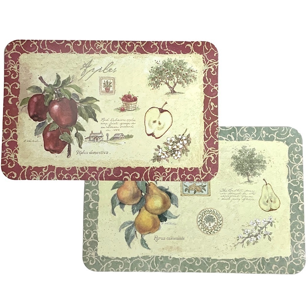 Apple Pear Orchard Placemats Reversible Easy Care Farmhouse Set of 4 Red Green